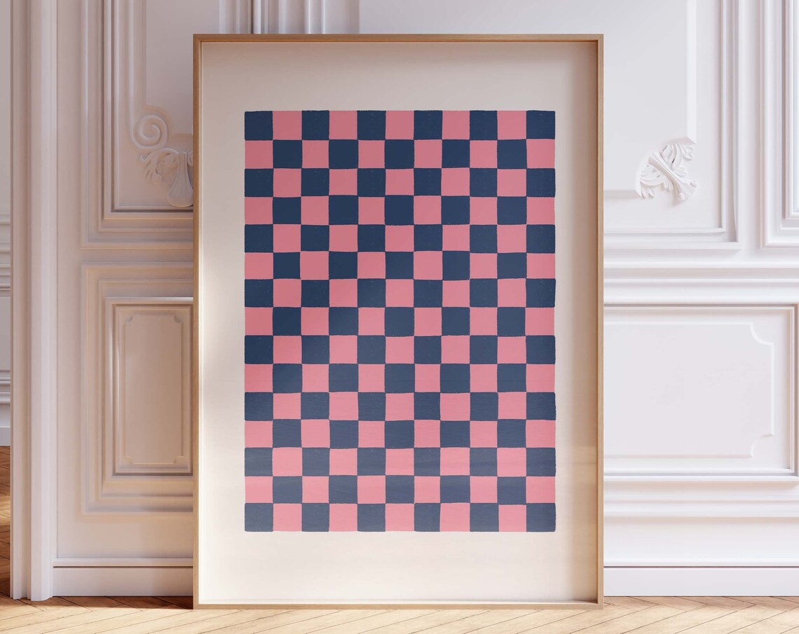 Pink And Navy Checkered Pattern Checkerboard Trendy Art Poster