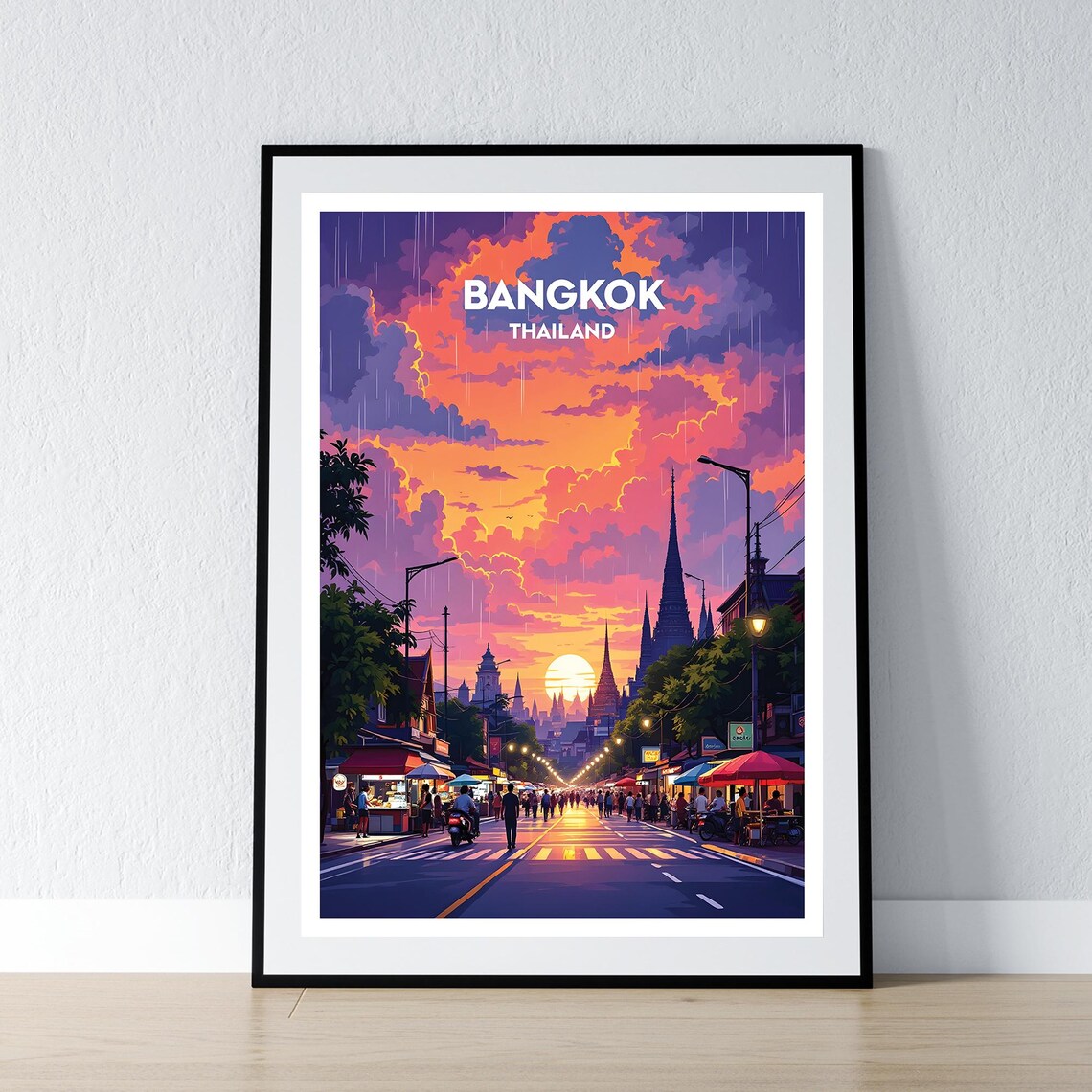 Bangkok Thailand Rainy Sunset Street Market Temples Travel Poster
