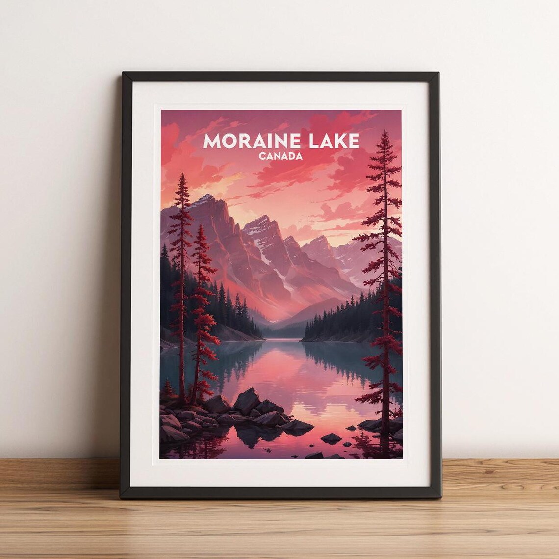 Moraine Lake Canada Banff Pink Sunset Mountain Travel Poster