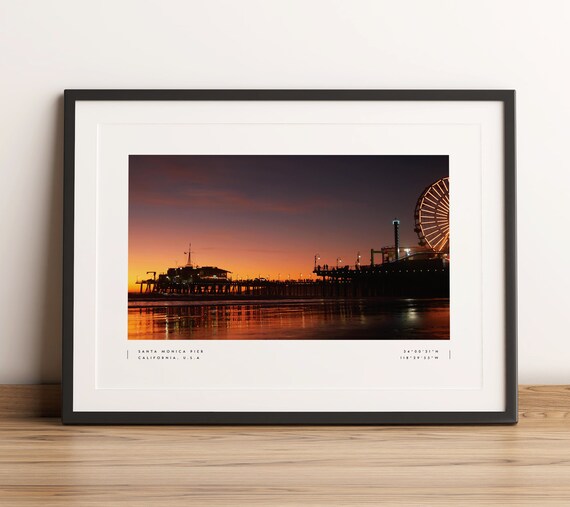 Santa Monica Pier Sunset Ferris Wheel California Coordinates Poster
