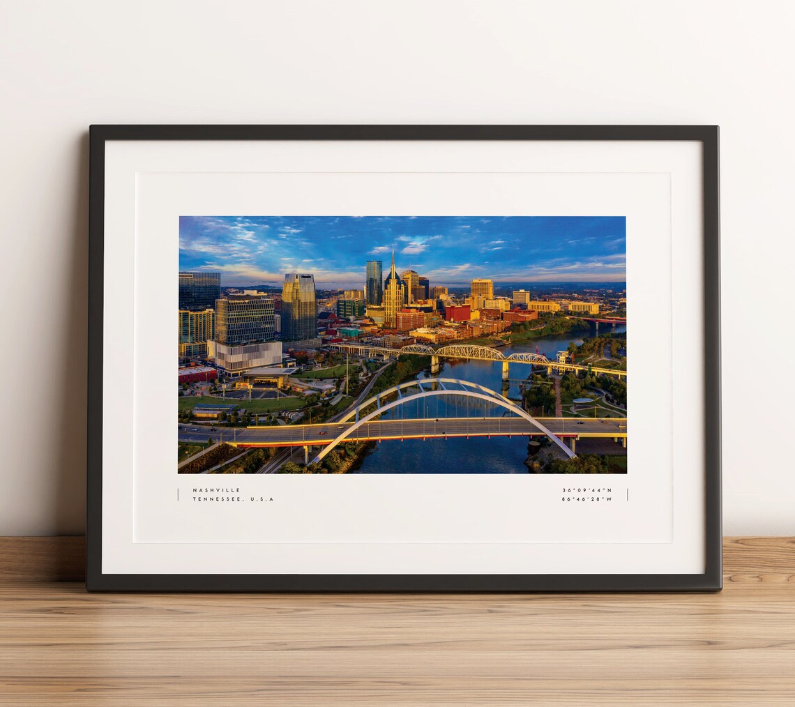 Nashville Tennessee Skyline Aerial Bridge Photo Coordinates Print