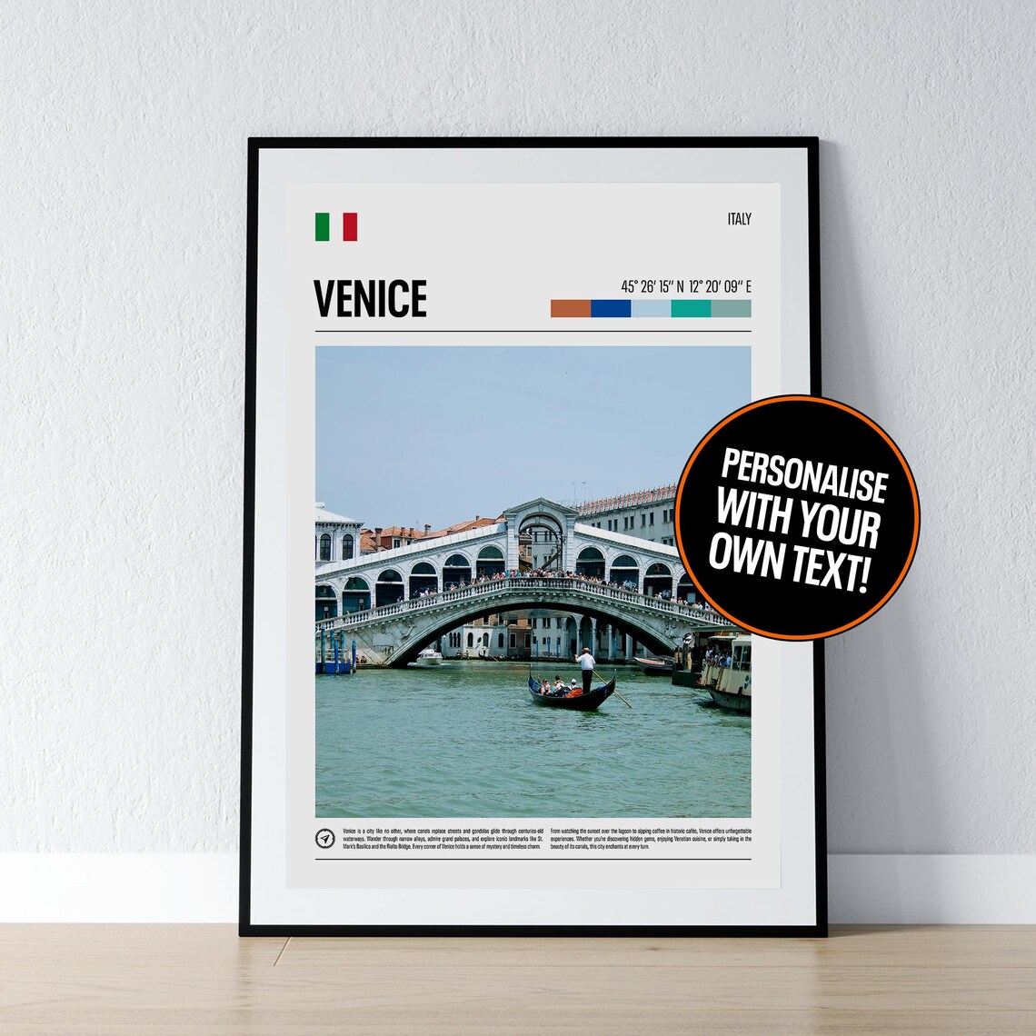 Venice Italy Rialto Bridge Gondola Coordinates Travel Photo Poster