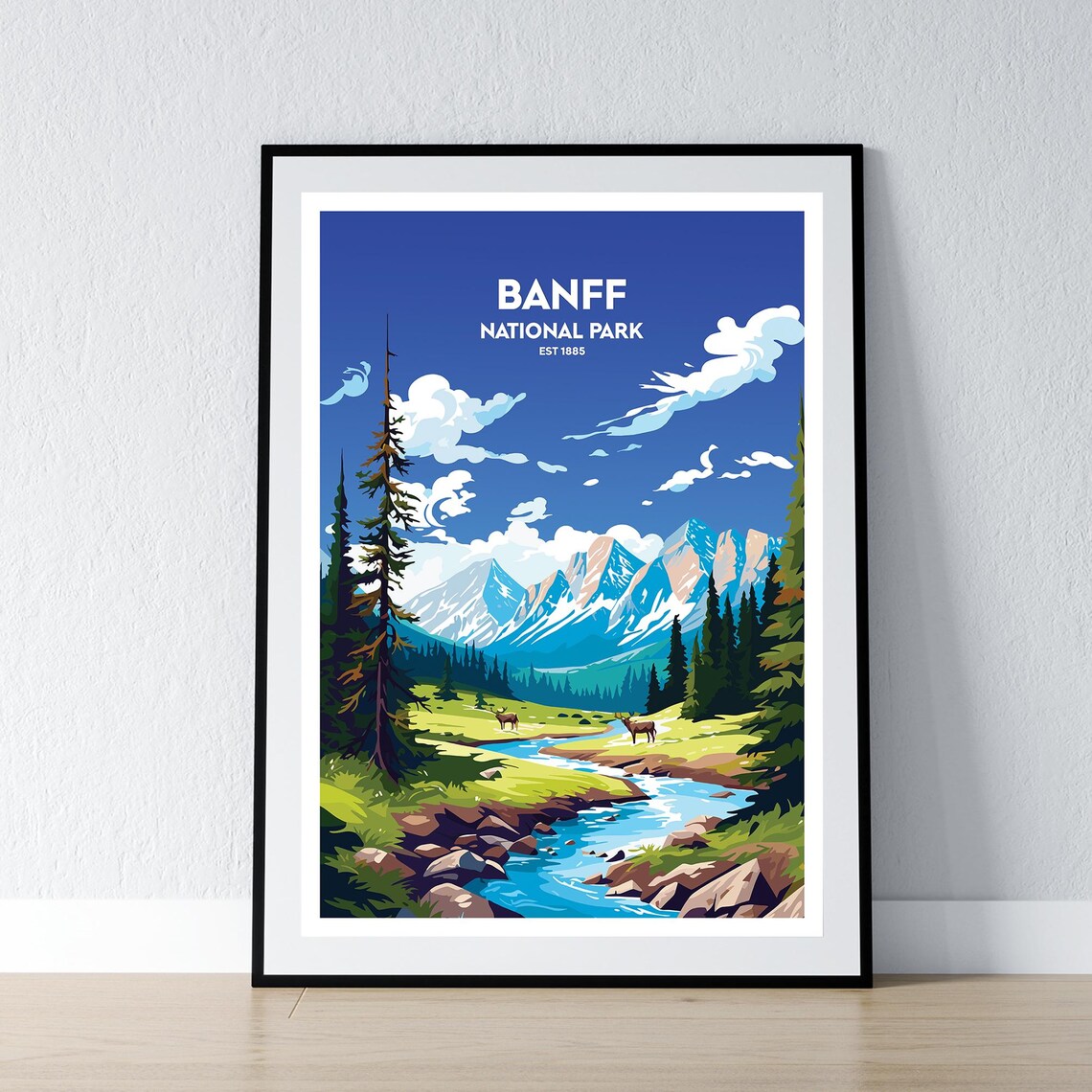 Banff National Park Est 1885 River Valley Deer Travel Poster