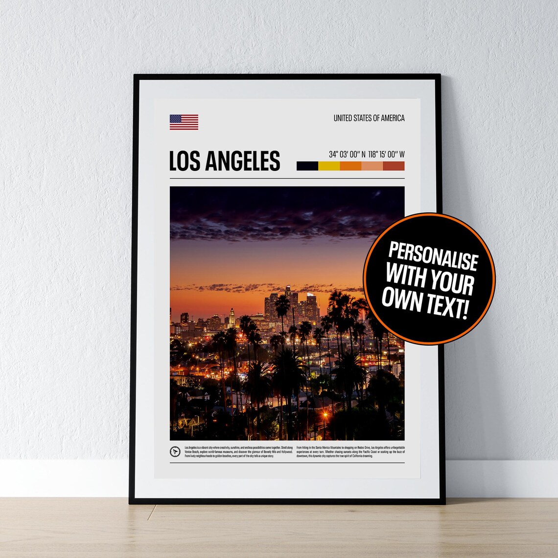 Los Angeles USA Sunset Skyline Palm Trees Coordinates Photo Poster