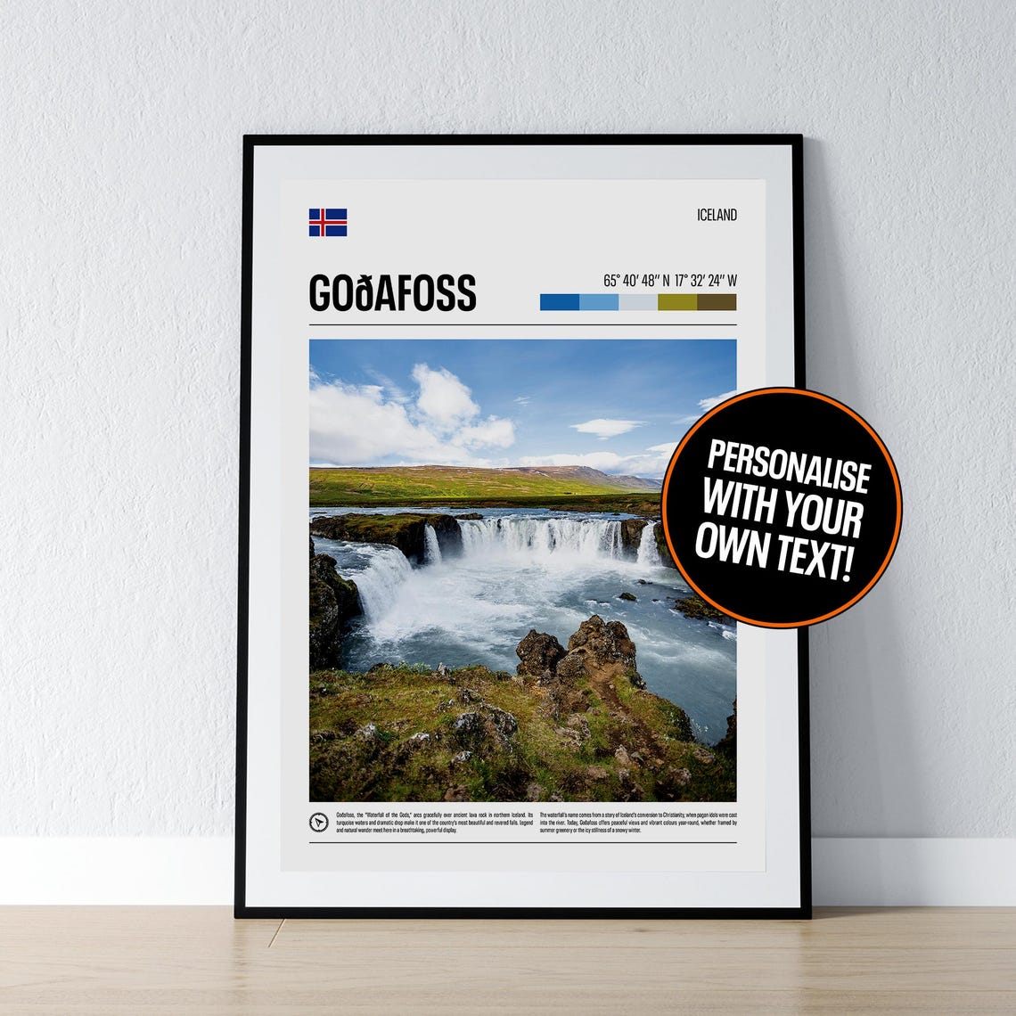 Godafoss Waterfall Iceland Coordinates Travel Falls View Gift Poster