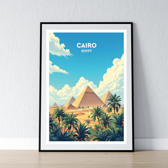 Cairo Egypt Giza Pyramids Palm Desert Vintage Travel Wall Poster
