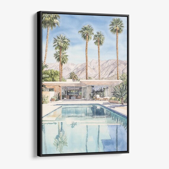 Palm Springs Pool Villa Mid Century Modern Watercolor Art Poster