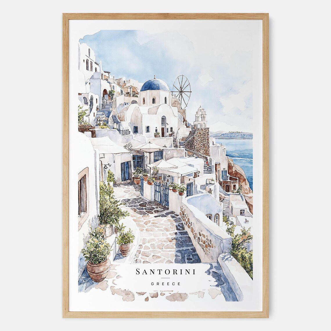 Santorini Watercolor Travel Poster, Greece Landscape