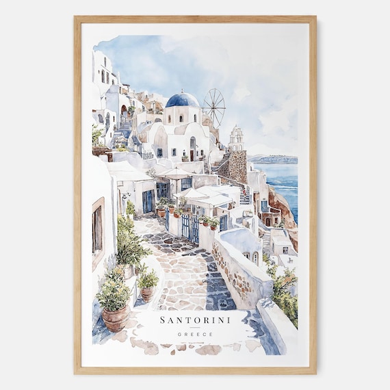 Santorini Watercolor Travel Poster, Greece Landscape