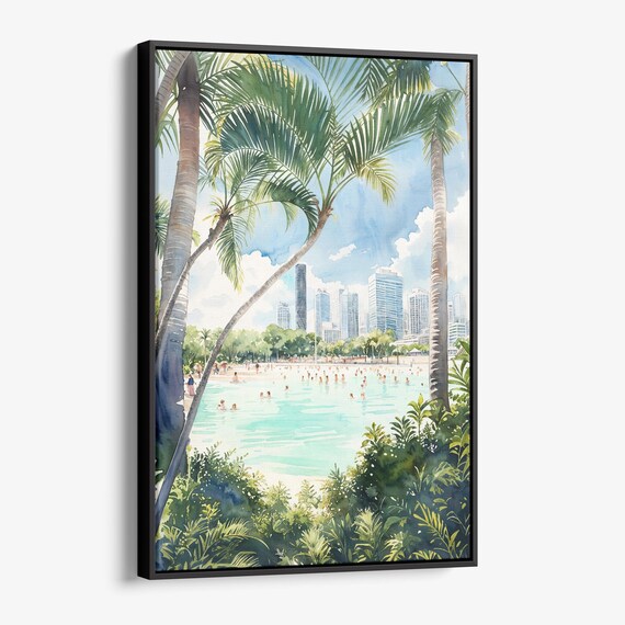 Tropical Beach Watercolor Poster Palms Swimmers and City Skyline