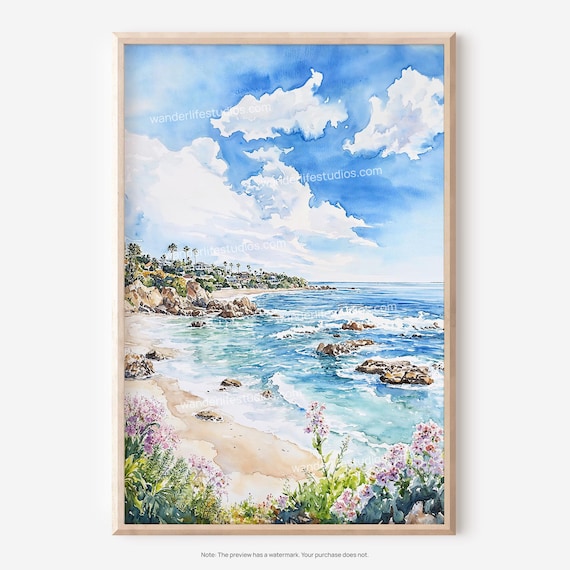 Laguna Beach California Rocky Coast Watercolor Style Art Poster