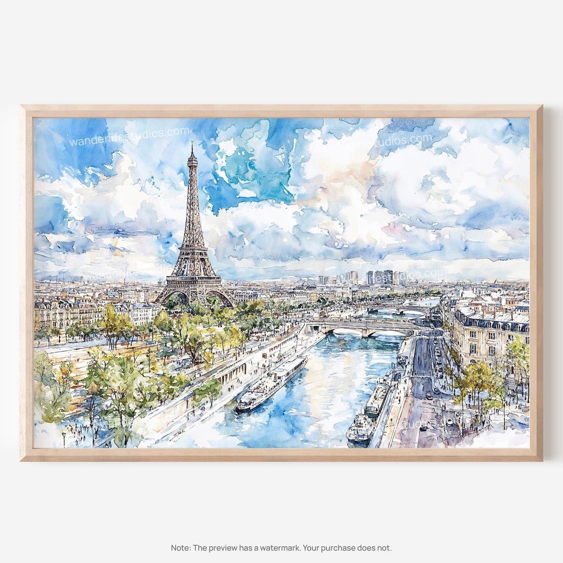 Paris Eiffel Tower Seine River Watercolor Skyline Travel Poster