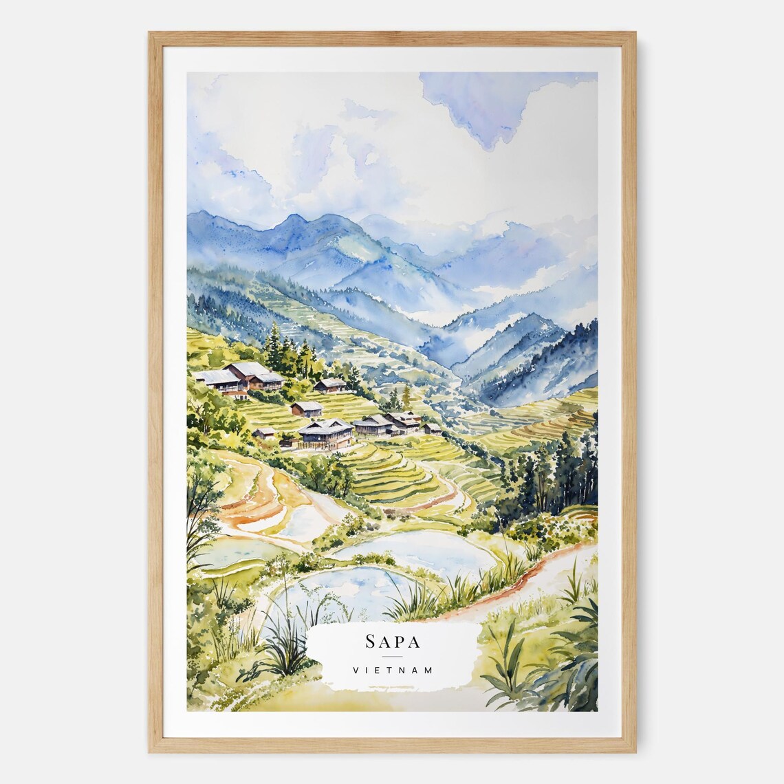 Sapa Vietnam Rice Terraces Village Watercolor Mountain Travel Poster