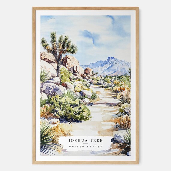 Joshua Tree Desert Watercolor With Rocky Trail And Mountain Travel Poster