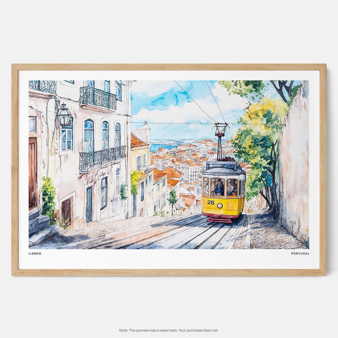 Lisbon Tram 28 Watercolor Art Print Colorful Cityscape Wall