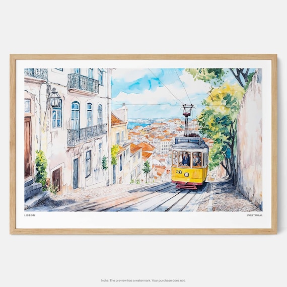 Lisbon Tram 28 Watercolor Art Print Colorful Cityscape Wall