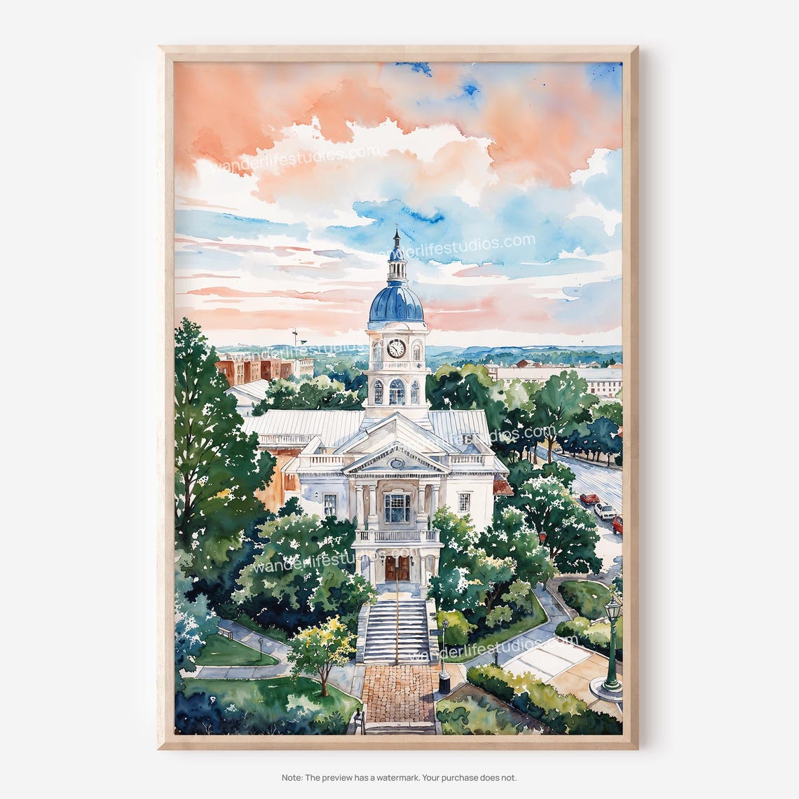 Athens Georgia Wall Art Watercolor Cityscape