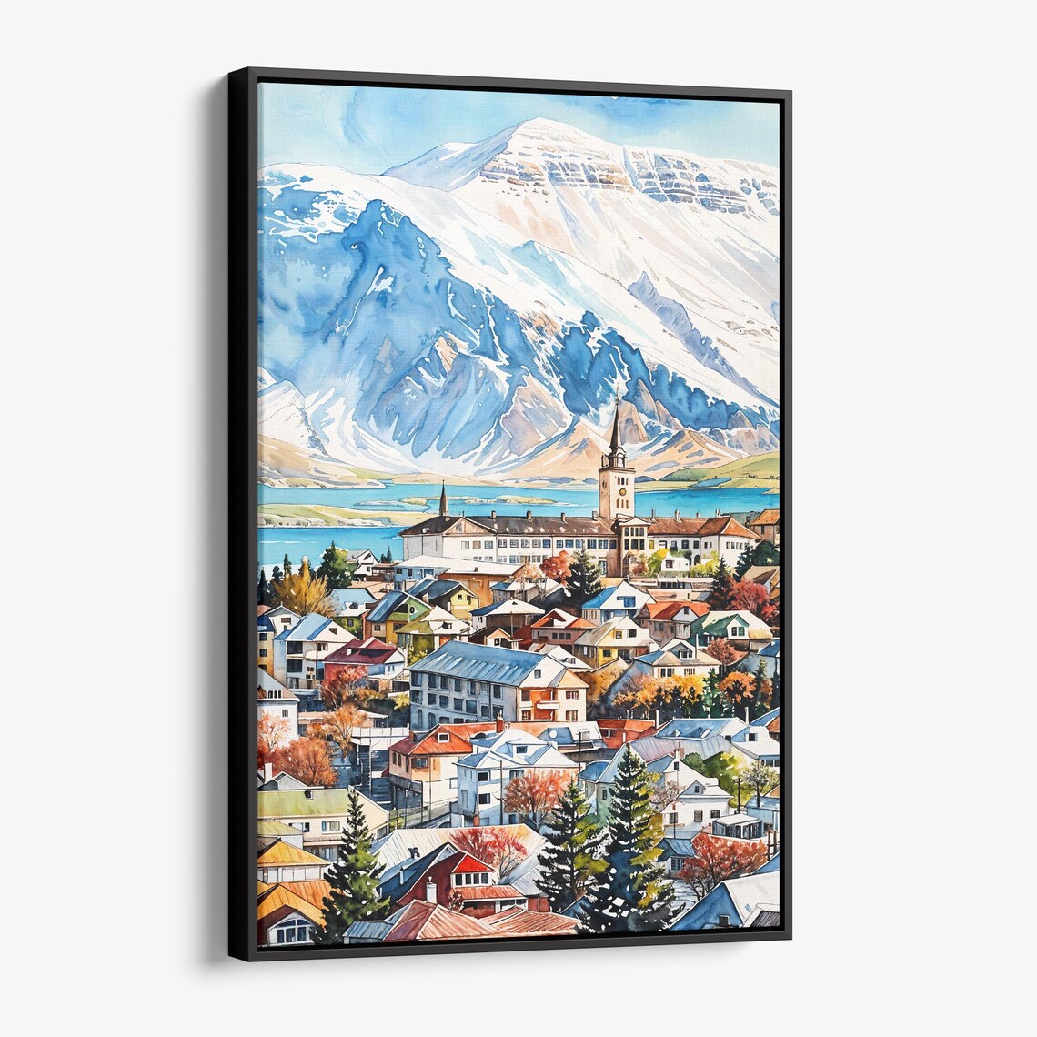 Reykjavik Iceland Colorful Town Snowy Mountain Cityscape Poster