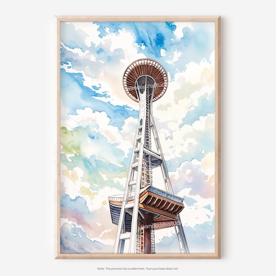 Seattle Space Needle Watercolor Sky Tower Landmark Art Poster