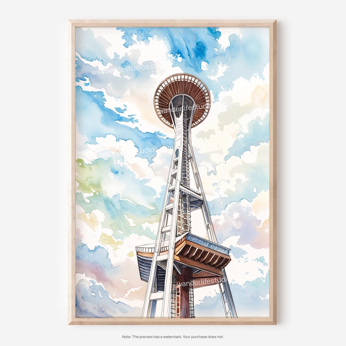 Seattle Space Needle Watercolor Sky Tower Landmark Art Poster