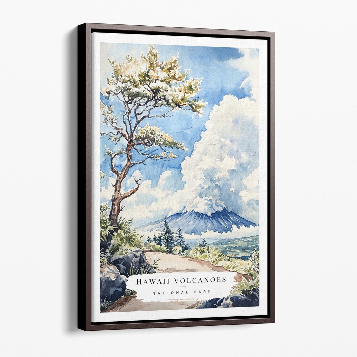 Hawaii Volcanoes National Park Watercolor Tropical Volcano Travel Poster
