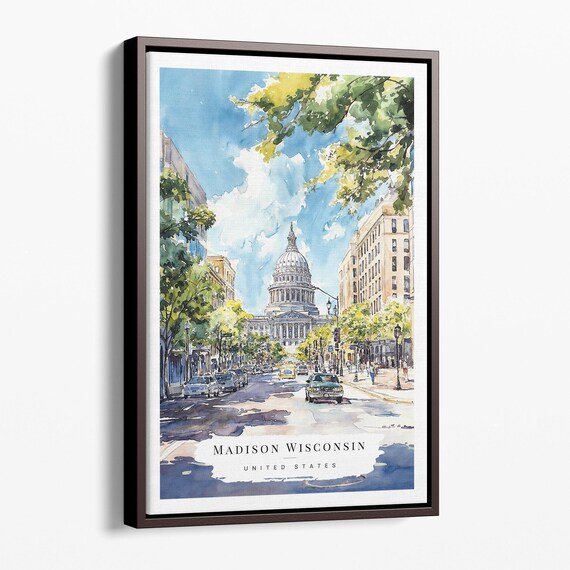 Madison Wisconsin State Capitol Watercolor Street Scene Poster