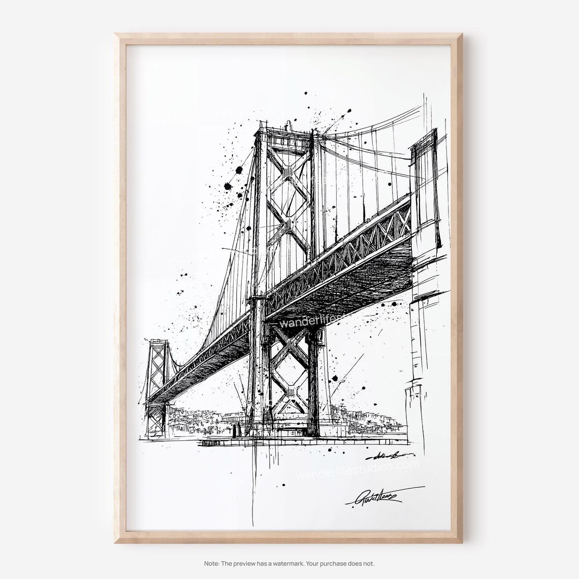 San Francisco Bay Bridge Ink Sketch Architectural Landmark Poster