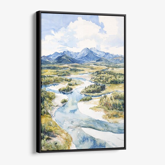 Mountain Valley Winding River Scenic Panoramic Watercolor Poster