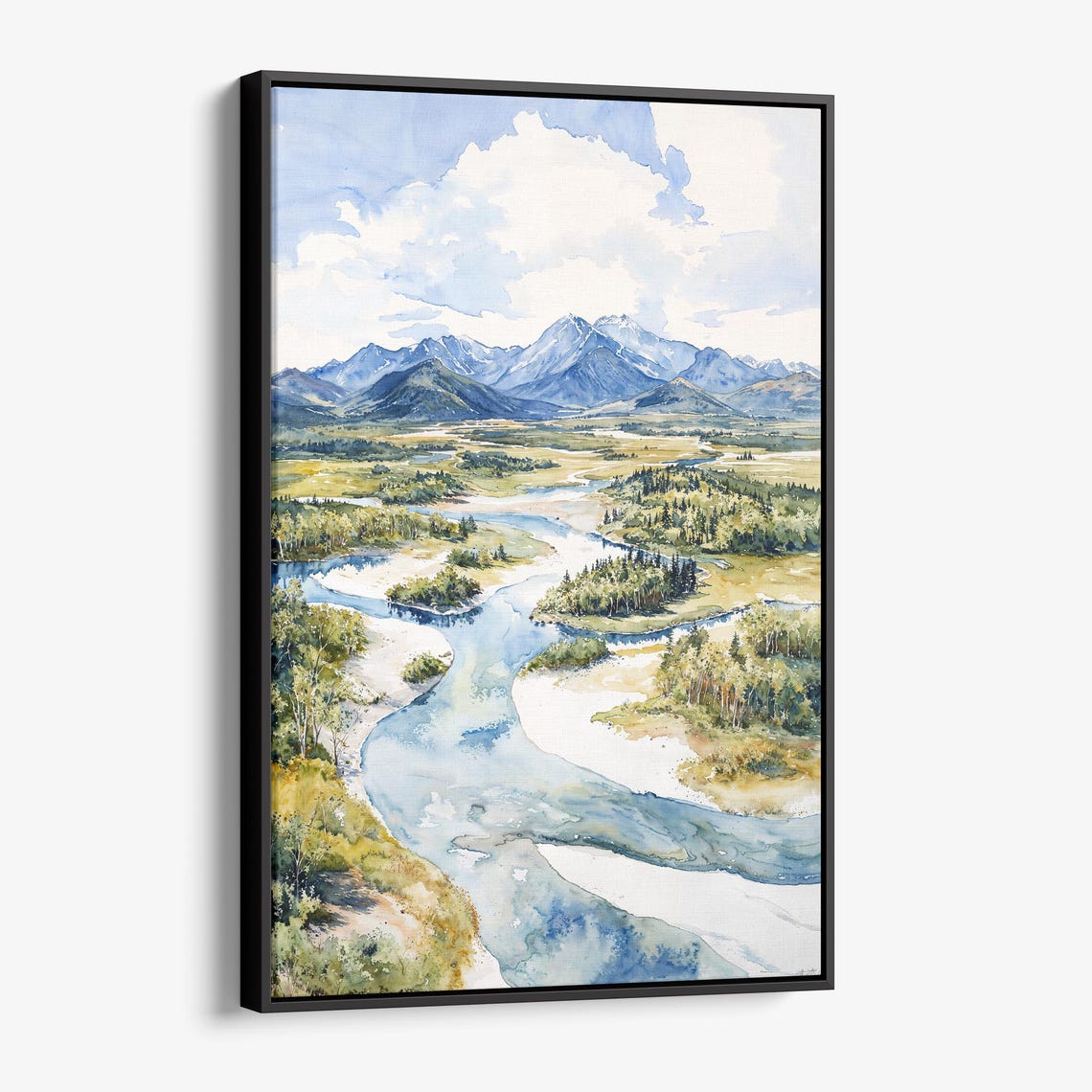 Mountain Valley Winding River Scenic Panoramic Watercolor Poster
