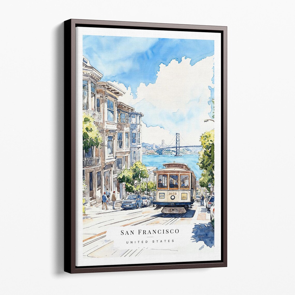 San Francisco Cable Car Street Watercolor Bay Bridge City Poster