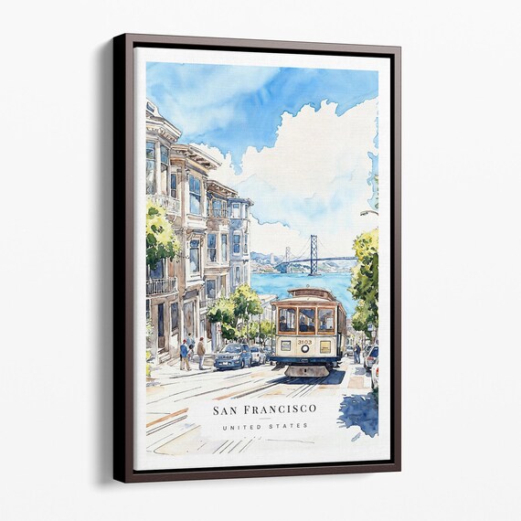 San Francisco Tram Canvas Art Print Watercolor Cityscape Wall