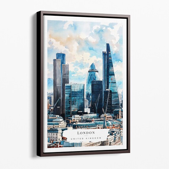 London Business Skyline Watercolor Canvas Art Print Urban Landscape Wall