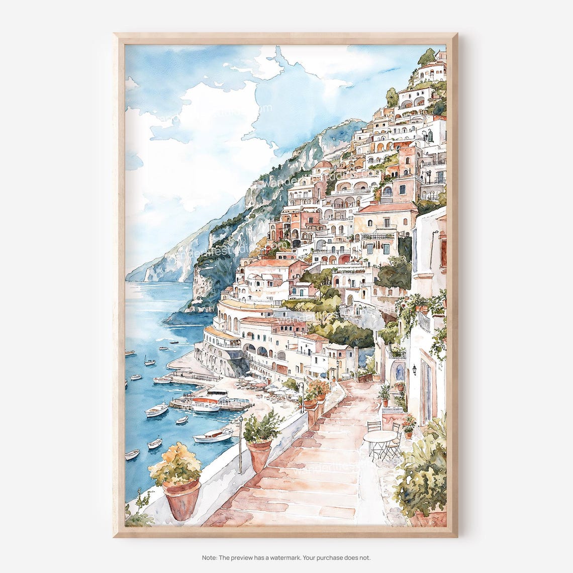 Positano Amalfi Coast Italy Watercolor Cliffside Village Poster