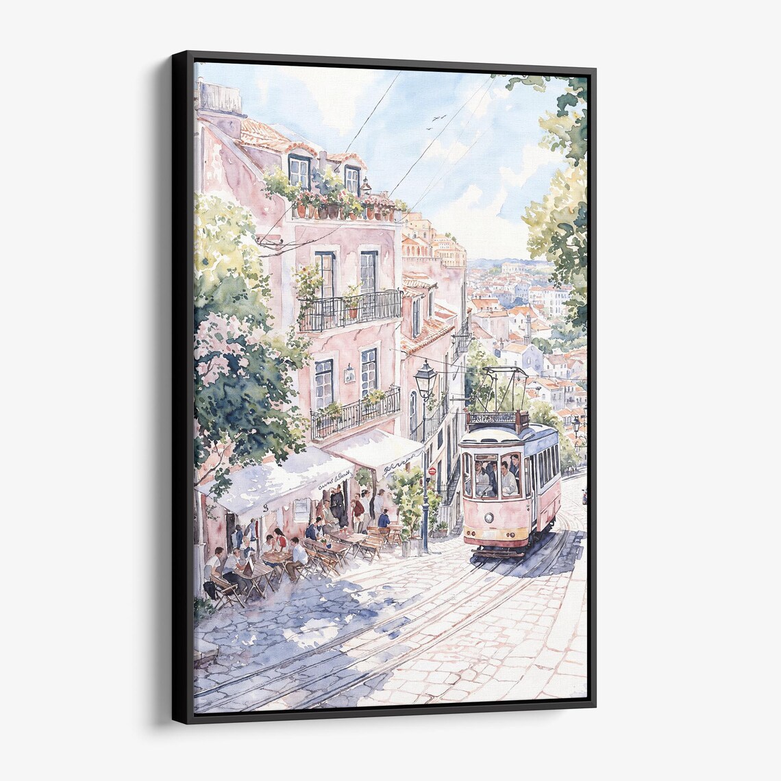 Lisbon Watercolor Street With Tram Cafe Pink Buildings Poster