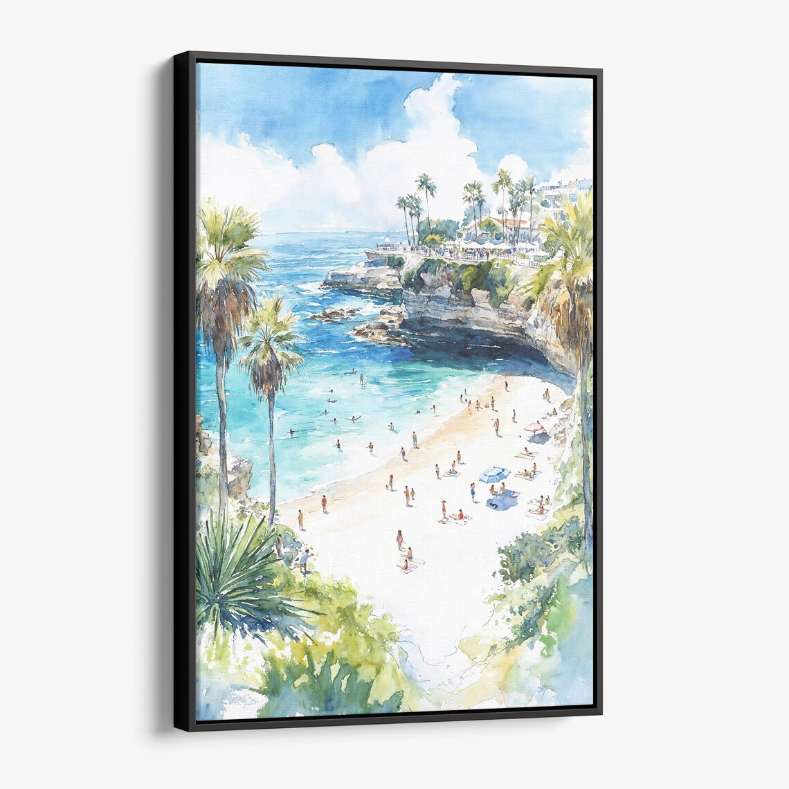 La Jolla Beach Cove Watercolor California Palms Swimmers Sunny Art Print