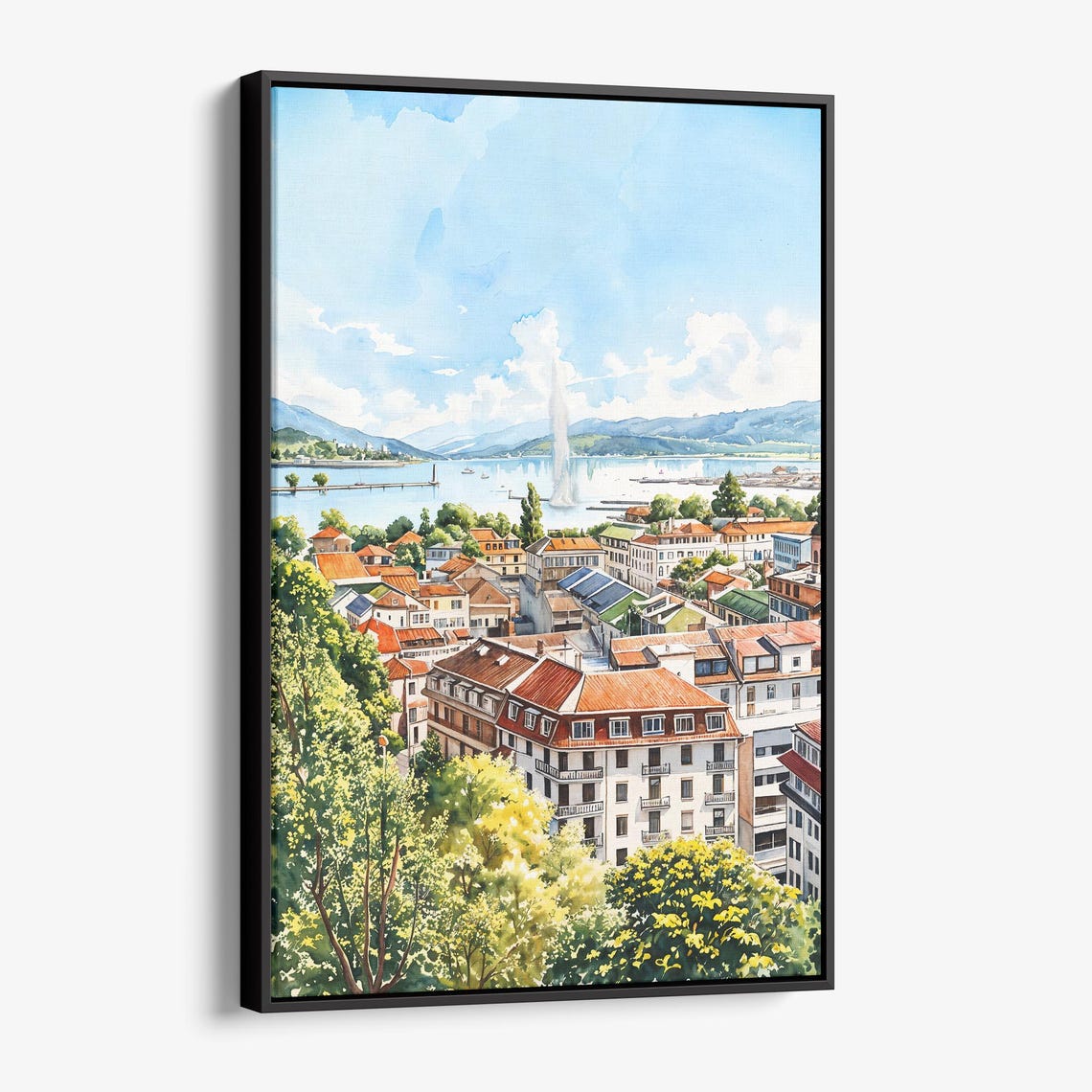 Geneva Switzerland Canvas Print Colorful Watercolor Cityscape Wall Art