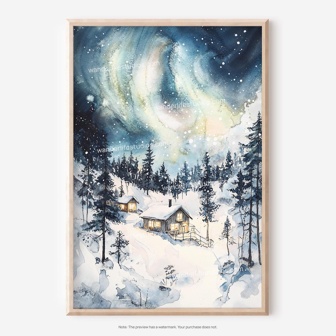 Lapland Aurora Borealis Watercolor with Snowy Cabin Scene Poster