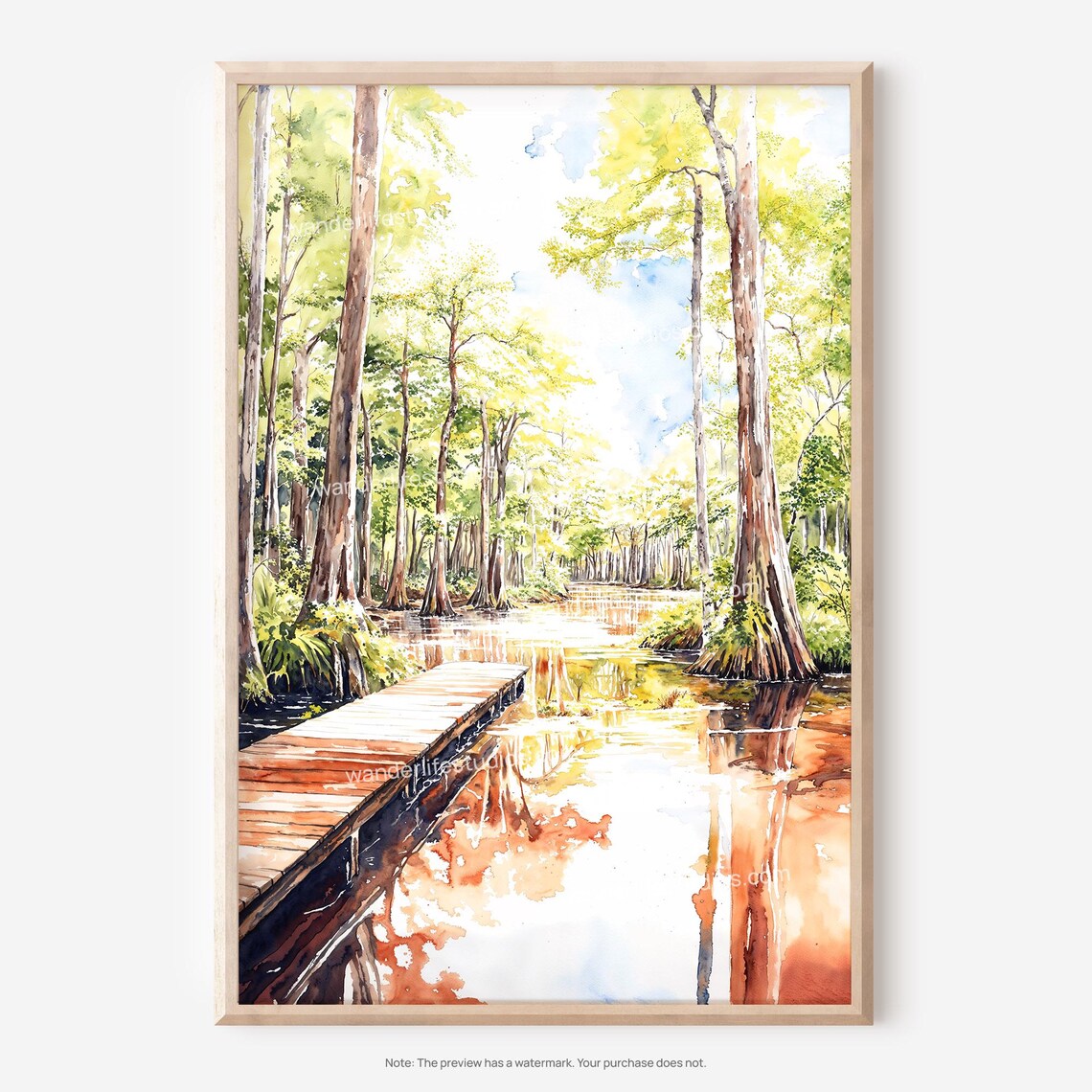 Congaree National Park Cypress Swamp Watercolor Boardwalk Nature Art Print