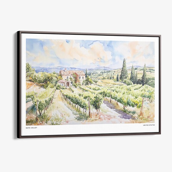 Napa Valley Vineyard Farmhouse Watercolor Landscape Art Poster
