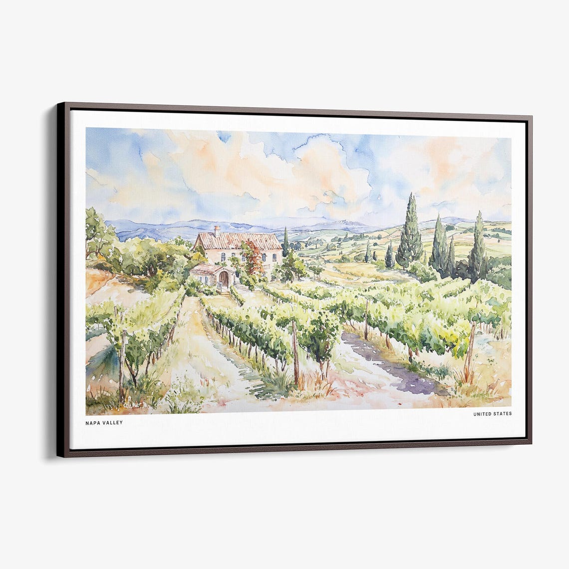 Napa Valley Vineyard Farmhouse Watercolor Landscape Art Poster