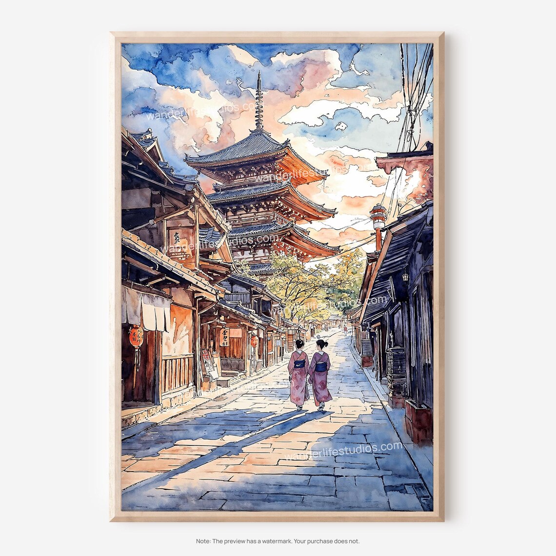 Kyoto Watercolor Yasaka Pagoda Temple Street Japan Scene Poster