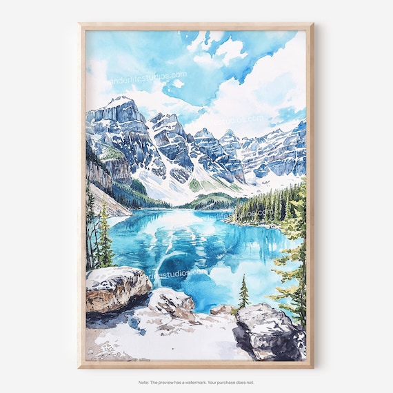 Banff Moraine Lake Watercolor Poster With Valley Of The Ten Peaks