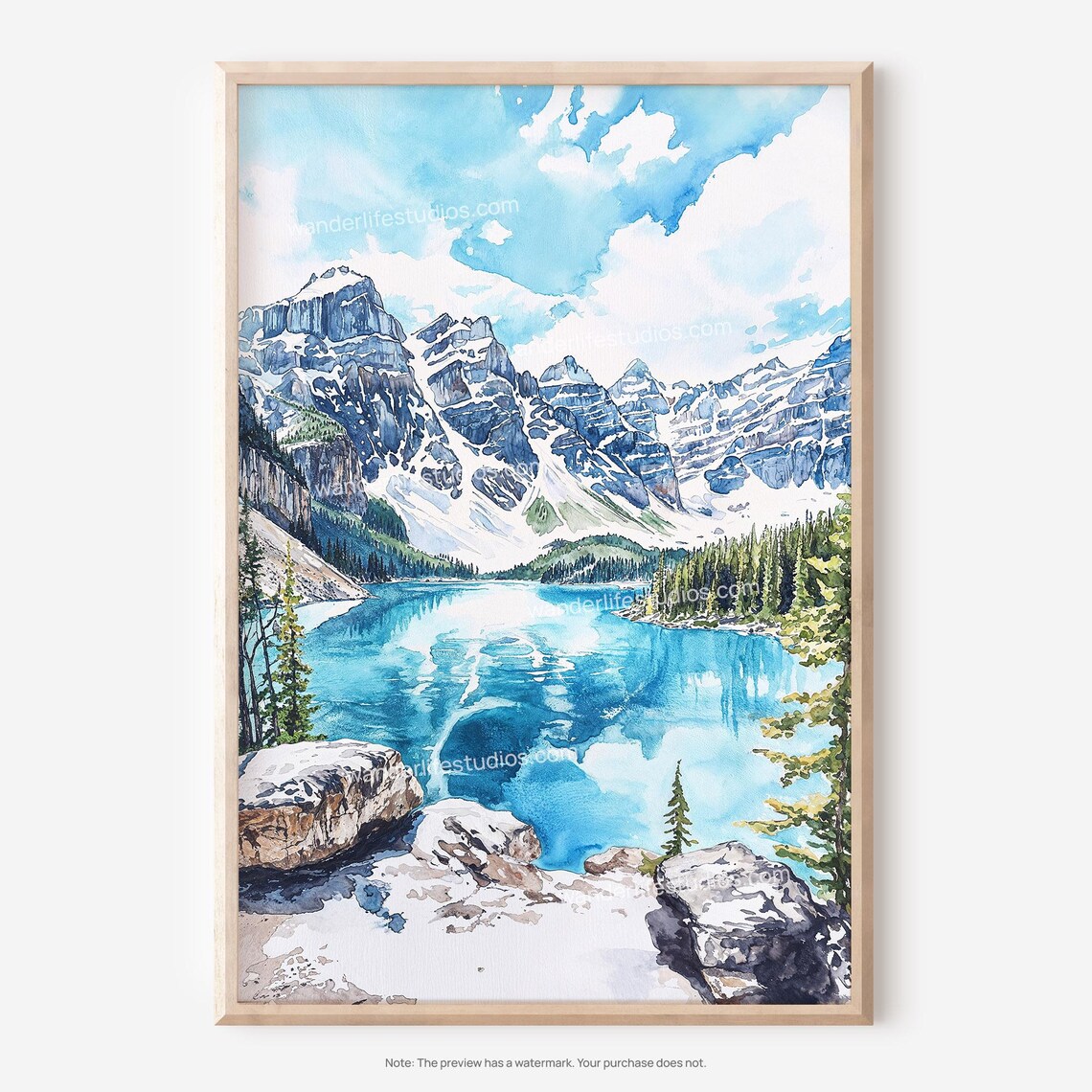 Banff Moraine Lake Watercolor Poster With Valley Of The Ten Peaks