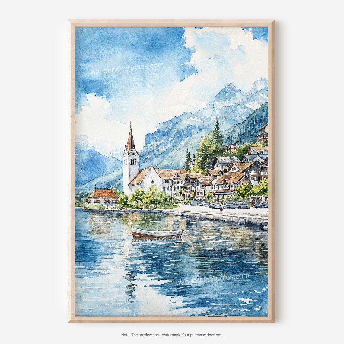 Interlaken Switzerland Alpine Lake Village Watercolor Poster