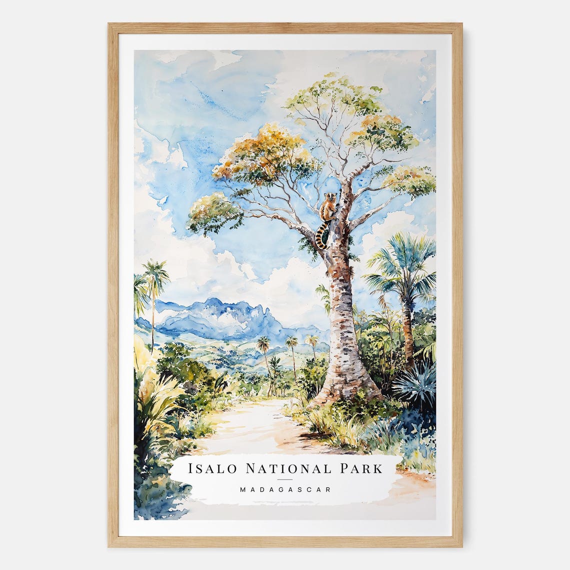 Isalo National Park Madagascar Lemur Tree Watercolor Travel Poster