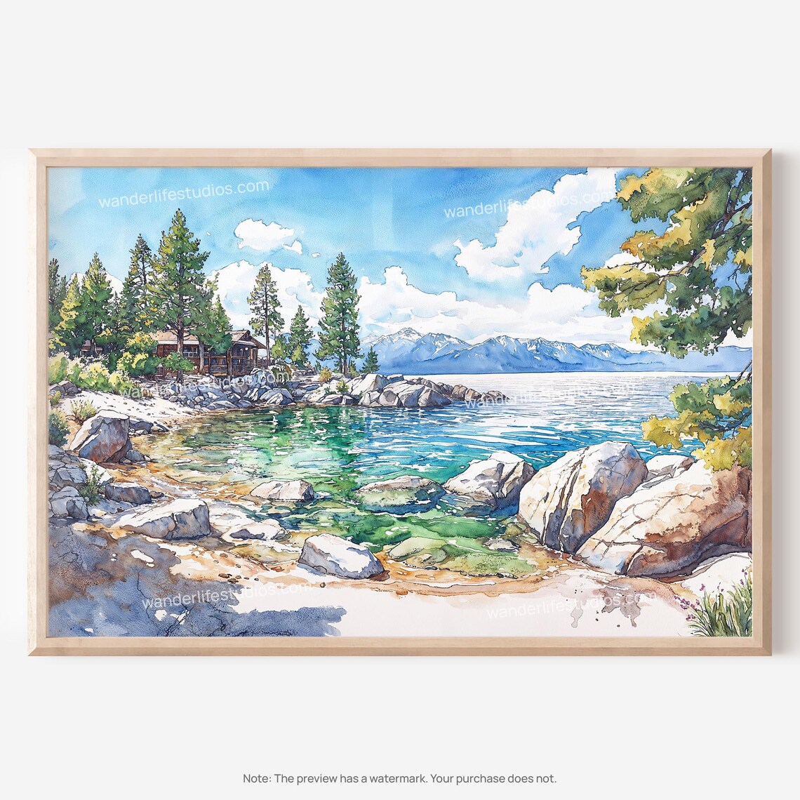 Lake Tahoe Mountain Lake Watercolor Rocky Shore Cabin Poster