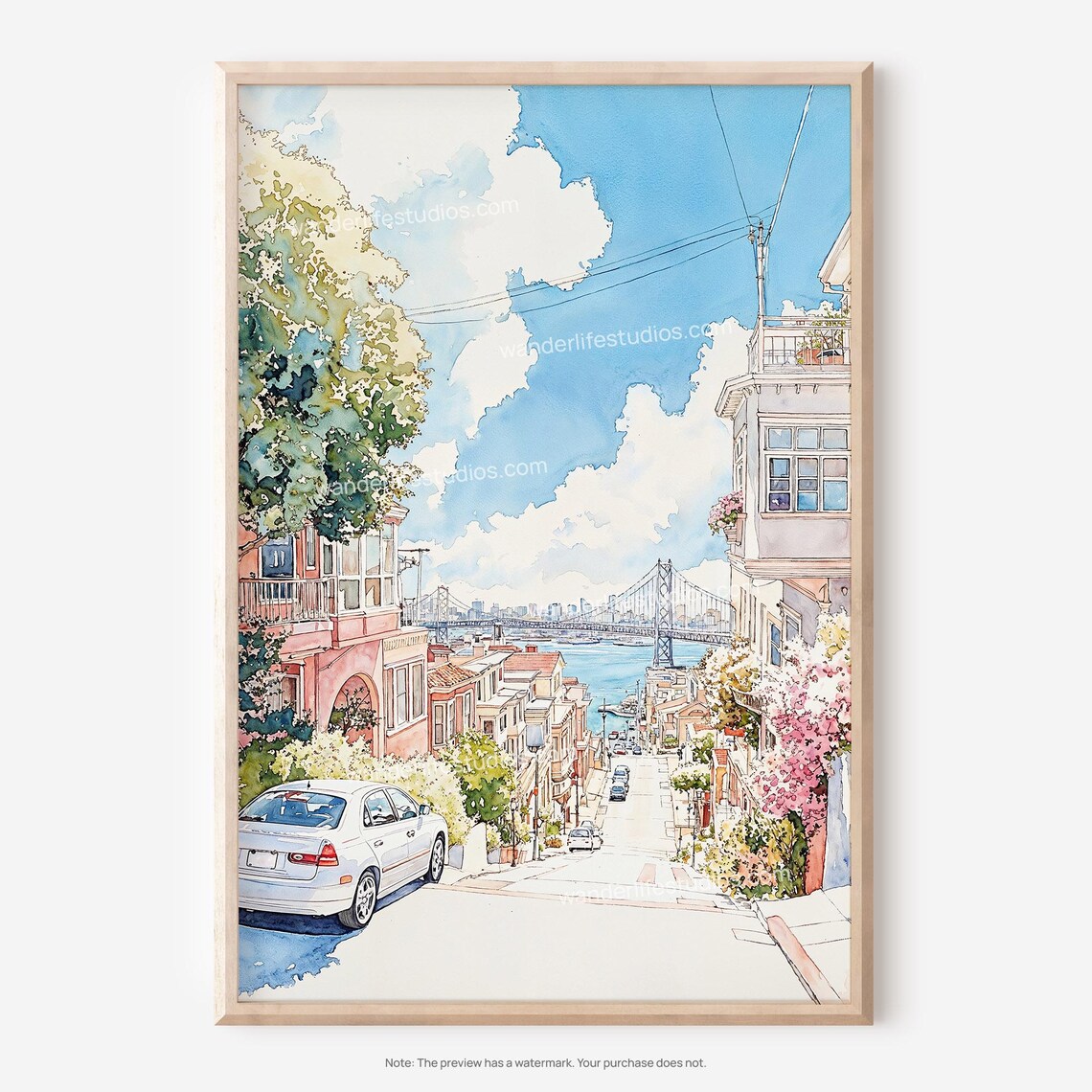 San Francisco Bay Bridge Hillside Street Watercolor Cityscape Poster