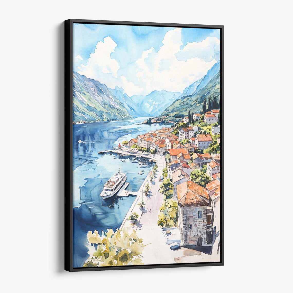Montenegro Coastal Village Watercolor Harbor Bay Landscape Poster