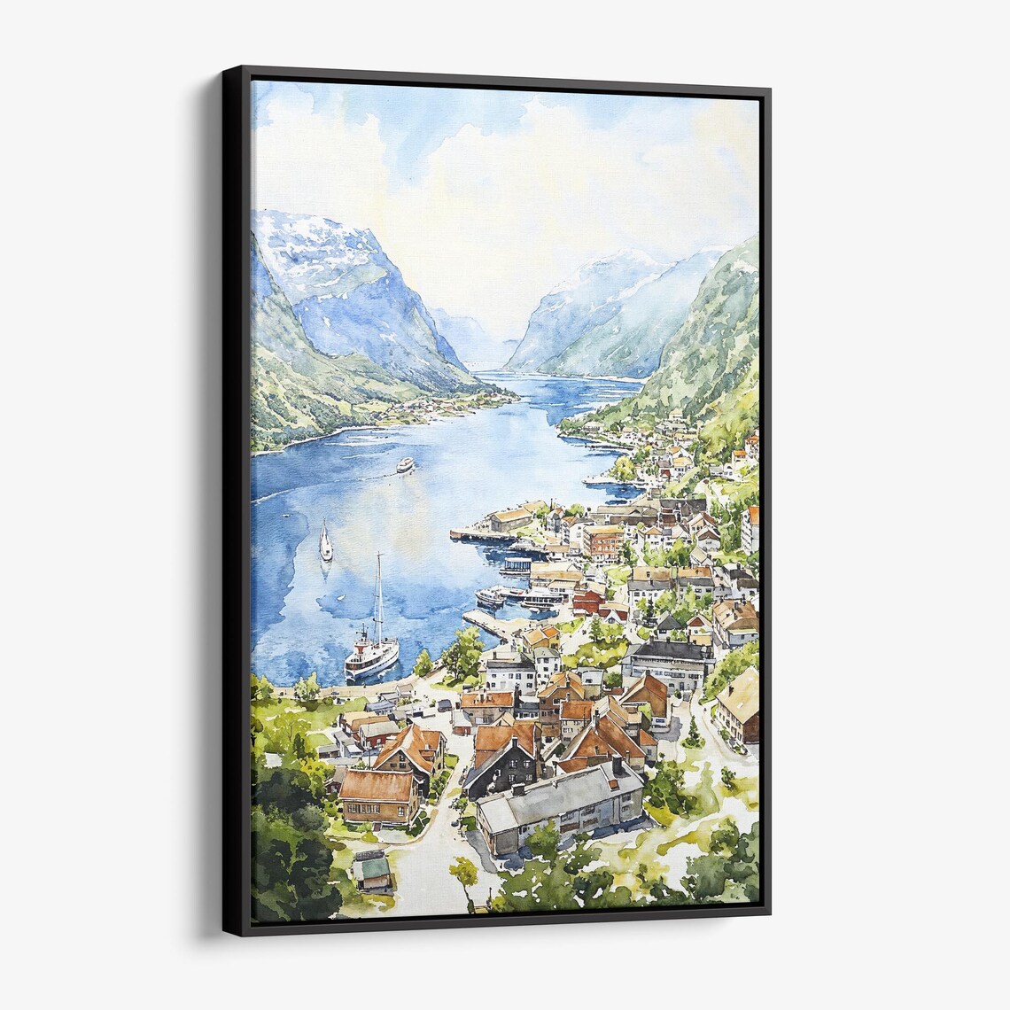 Norwegian Fjord Village Harbor Boats Watercolor Scenic Travel Poster