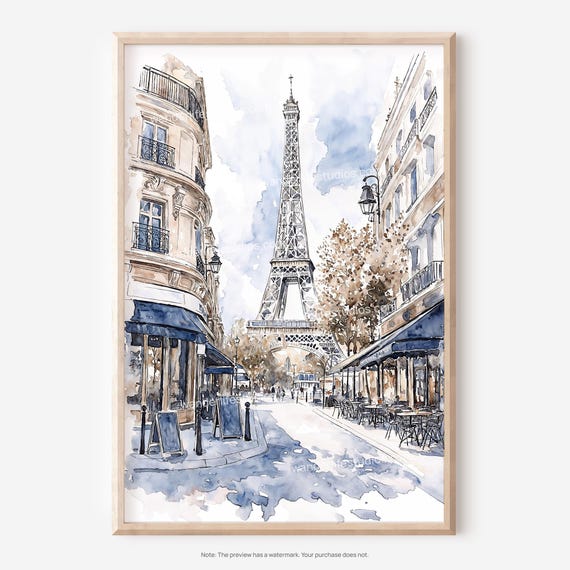 Eiffel Tower Watercolor Style Art Print, Paris